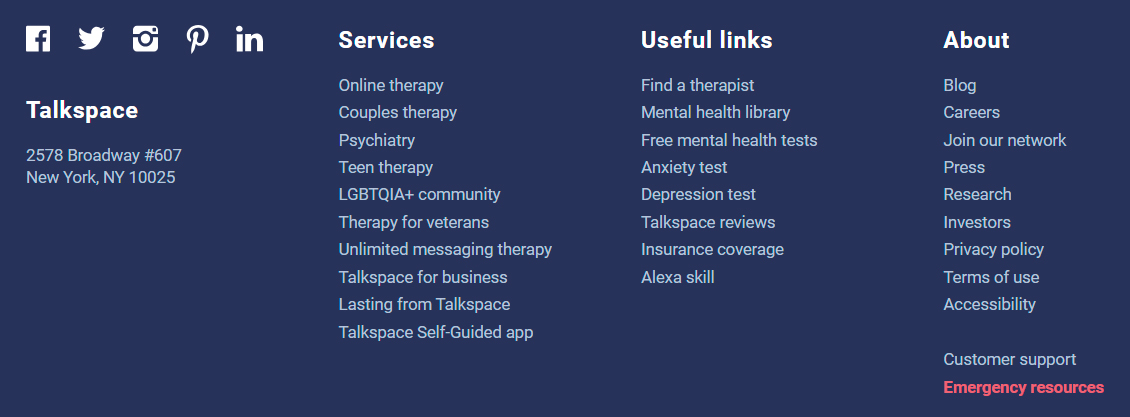 The footer showing social media icons and Talkspace's address on the left and three columns of links to the right.