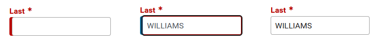 A required field with nothing in it shows a thick red bar on the left, upon focus the bar changes to a teal and the field is outlined, then when there is data in the field the outline is gone and the bar on the left is removed.