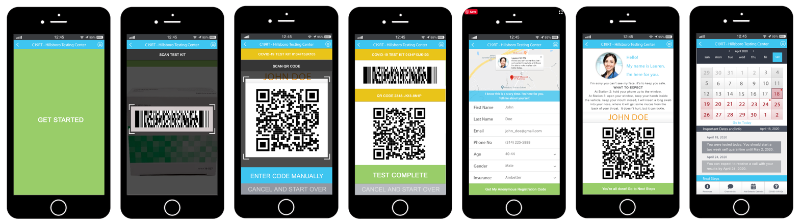 Several screens of a COVID testing iPhone application.