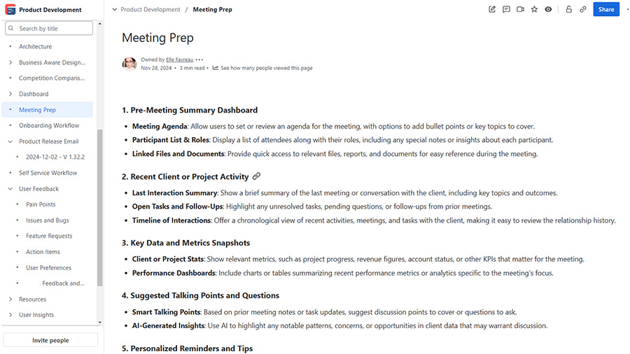 Confluence structured with ample shared data, showing recent client feedback notes.