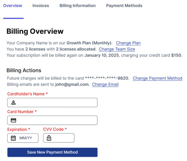 UI Design of a Billing Form to save new credit card data to the account.