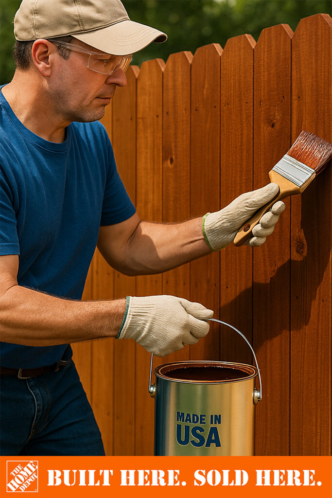 A photo of a man painting a fence holding a silver can that says Made in USA and under that white text on an orange background that says Build Here. Sold Here.