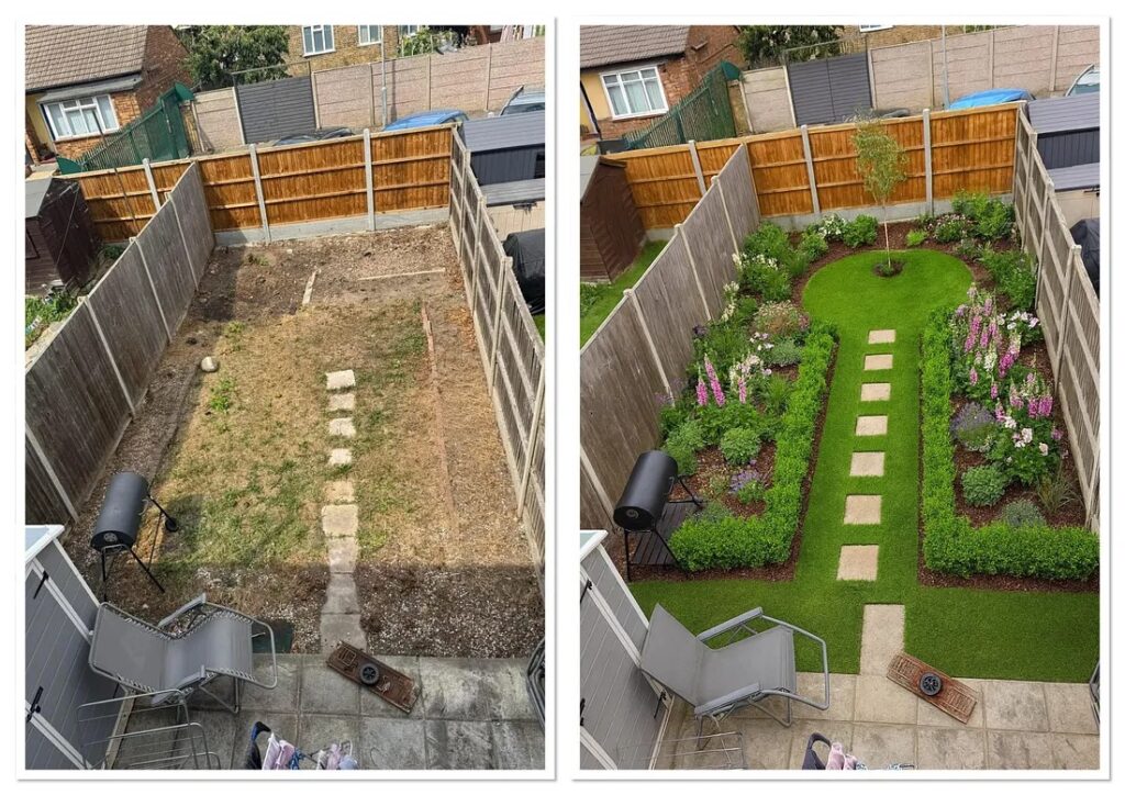 A before and after of a barren drought ridden yard with old garden beds long dried up and on the right a lush lawn with small plants and bushes and a round area at the end with a tree in the middle.