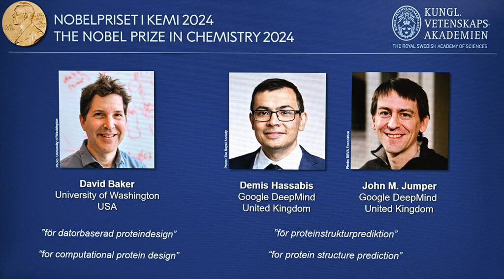 Nobel Prize in Chemistry 2024 with photos of David Backer of U of Washington, and John M. Jumper and Demis Hassabis from the UK and Google’s DeepMind.