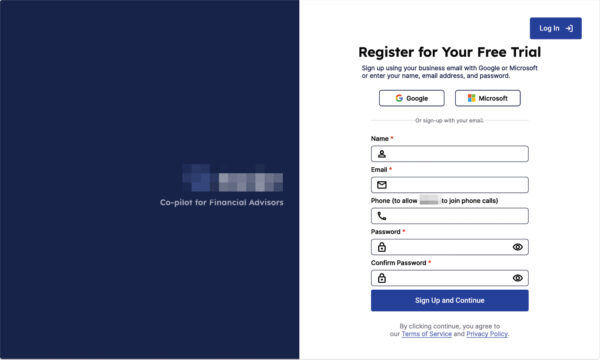 Registration page with name, email, phone, password, or Google or Microsoft sign in.