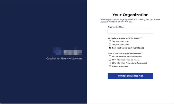 Organization page to add name and if the person has a team to add.